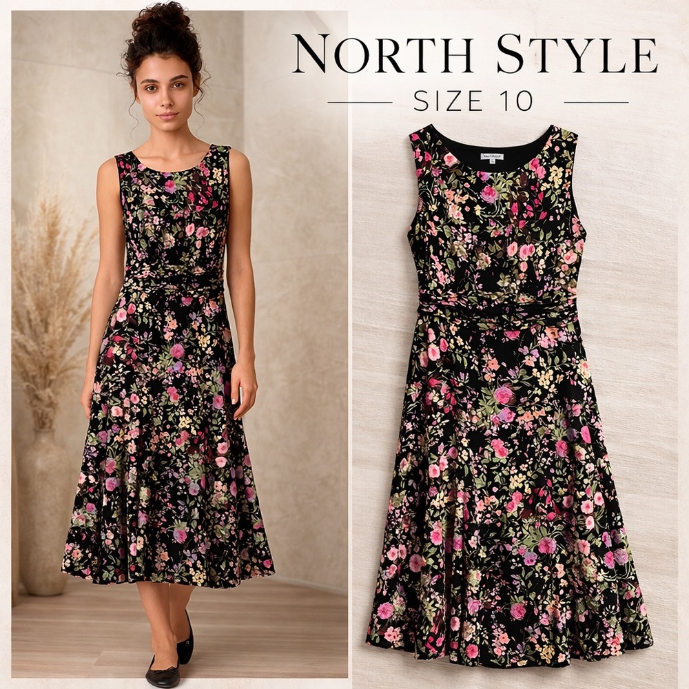 North Style Floral Midi Dress Size 10 Black Garden Print Sleeveless Stretch Fit